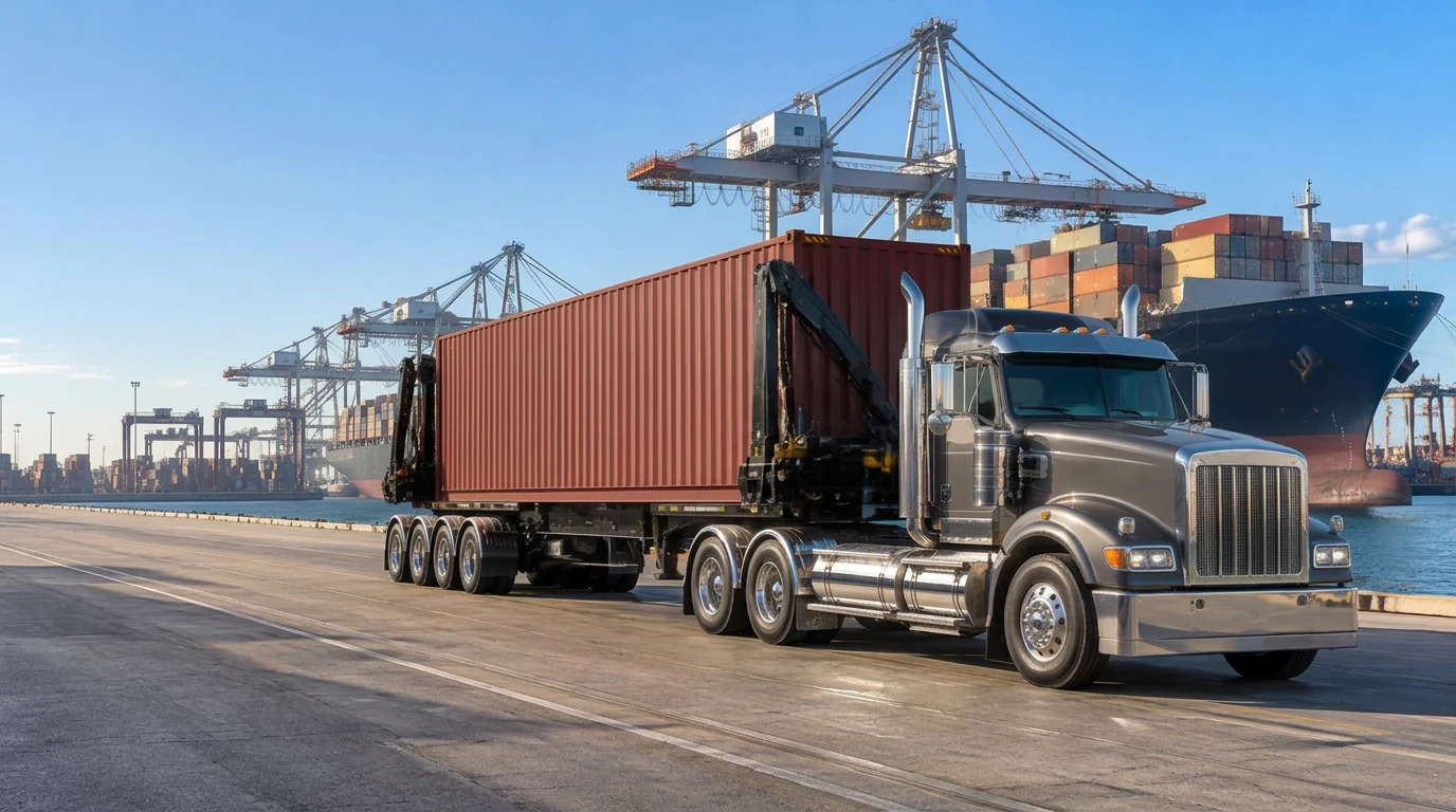 Bonneted Australian prime mover towing a side loader with a 40-foot container beside port cranes and a berthed ship